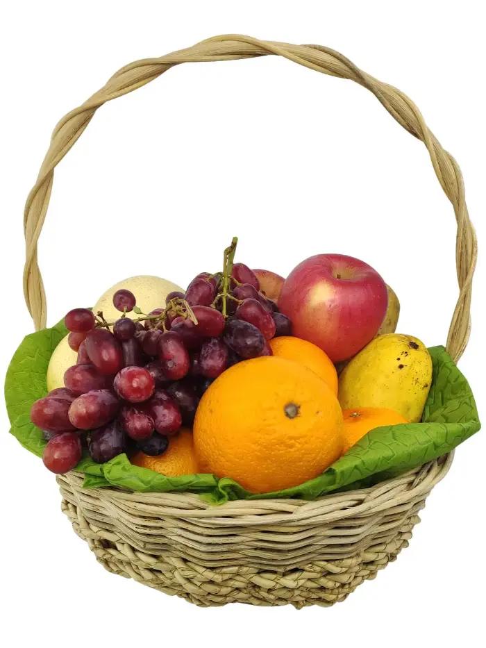 Classic Hand-Woven Fruit Basket with red grapes, apple, oranges, banana, pear, woven basket, handle, and green lining for delivery in Phil Am Quezon City