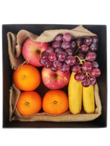 Premium Square Fruit Box in Palanan Makati City Premium Square Fruit Box with red grapes, apples, oranges, bananas, black square box, and burlap lining for delivery in Palanan Makati City